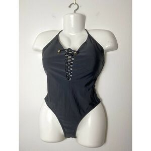 Cabana del Sol Bikini One Piece Sz Small Black Tank Cheeky Lace Up